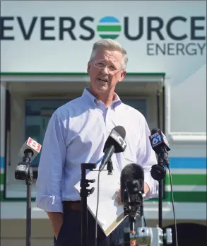  ?? H John Voorhees III / Hearst Connecticu­t Media ?? Eversource President of Regional Electric Operations Craig Hallstrom speaks to the media at the Eversource satellite command center at the Danbury Welcome Center on I-84 in Danbury on Aug.11