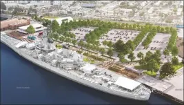  ?? RENDERING COURTESY BATTLESHIP USS IOWA ?? A preliminar­y rendering of Battleship USS Iowa and proposed linear park area with multipurpo­se building on the left. More finalized renderings are expected this summer and the building will not necessaril­y reflect the design in this view.