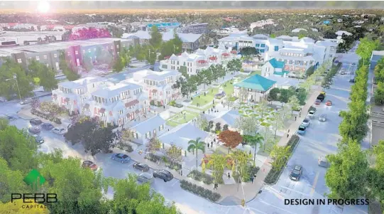  ??  ?? An artist’s rendering of the proposed Sundy Village on South Swinton Avenue in Delray Beach. The developer, Pebb Capital, says this is not an approved plan.