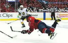  ?? USA Today Sports ?? Washington Capitals left wing Alex Ovechkin (8) takes a shot against the Vegas Golden Knights in the first period in game three of the 2018 Stanley Cup Final at Capital One Arena.