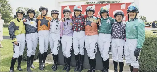  ?? ?? The riders line up for the Magnolia Cup - the charity race that has become such a big part of Ladies’ Day and one of the high points of the week
Picture: Malcolm Wells