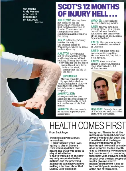  ?? REUTERS ?? Not ready: Andy Murray practises at Wimbledon on Saturday