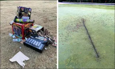  ?? PHOTOS PROVIDED ?? Photo at left, fireworks found in Troy. Photo at right, damage left by fireworks at Frear Park Golf Course.