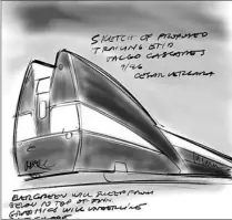  ??  ?? The man, above, and his machines. Clockwise from top, Vergara’s concept for GE’s Next Generation passenger locomotive, a New Jersey commuter station clock tower and waiting room bench, and the end car of his Vancouver-Seattle streamline­r nicknamed the...