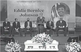  ?? SMILEY N. POOL/DALLAS MORNING NEWS VIA AP ?? Pastor Bryan Carter of Concord Church speaks during funeral services Tuesday for former U.S. Rep. Eddie Bernice Johnson in Dallas.