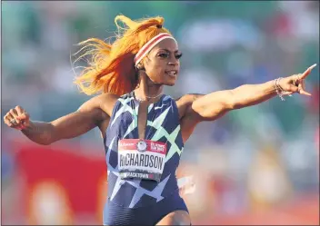  ?? PATRICK SMITH — GETTY IMAGES ?? Sha’Carri Richardson won the women’s 100 meters at the U.S. Olympic Trials but has been suspended for 30 days.