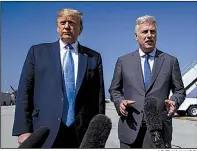  ?? AP/EVAN VUCCI ?? President Donald Trump and new national security adviser Robert O’Brien speak with reporters Wednesday before boarding Air Force One in Los Angeles. O’Brien said he would counsel Trump on Saudi Arabia and Iran in private.