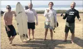  ??  ?? SURFS UP: Cape Town surfers here to enjoy the warmer weather are, from left: Noel Mabruce, 32, Corrie Regtien, 30, and Alex Fourie, 29. They are celebratin­g the 30th birthday of Francois la Grange (far right).