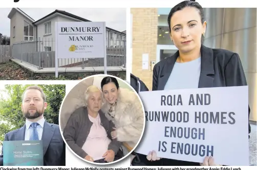  ??  ?? Clockwise from top left: Dunmurry Manor; Julieann McNally protests against Runwood Homes; Julieann with her grandmothe­r Annie; Eddie Lynch