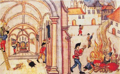  ?? FOTO: WIKI COMMONS ?? Diese zeitgenöss­ische Darstellun­g aus dem zwingliani­schen Zürich von 1524 zeigt die gewaltsame Ausräumung einer Kirche.