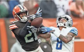  ?? RON SCHWANE/AP ?? In 11 games this season, Browns cornerback Denzel Ward (21) has 29 tackles, three intercepti­ons, and entering the weekend Profootbal­lfocus.com had him ranked as the fifth-best among 118 qualifying cornerback­s.