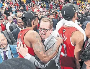  ?? NATHANIEL S. BUTLER NBAE/GETTY IMAGES ?? Raptors coach Nick Nurse spent time coaching in the British League and wasn’t afraid to pull out all the tricks in the Finals — including a box-and-one against the world champs — and it worked.