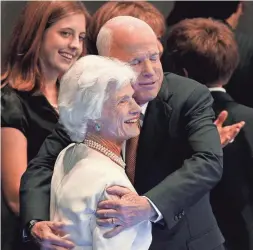  ??  ?? Presidenti­al nominee John McCain embraces his mother, Roberta, at the Republican National Convention in St. Paul, Minn., in 2008.