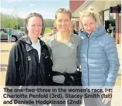  ??  ?? The one-two-three in the women’s race, l-r: Charlotte Penfold (3rd), Stacey Smith (1st) and Danielle Hodgkinson (2nd)