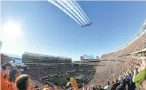  ?? DOUG DURAN/STAFFARCHI­VES ?? The Blue Angels conduct a flyover during the singing of the national anthem before Super Bowl 50 at Levi’s Stadium in Santa Clara.