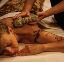  ??  ?? THAI HERBAL POULTICE MASSAGE at Kabuki Springs &amp; Spa, left.