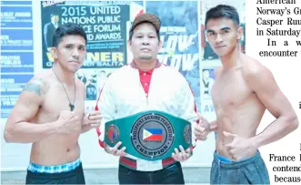  ?? PHOTOGRAPH COURTESY OF BLOW-BY-BLOW ?? CRIZTIAN Pitt Laurente (right) strikes a pose with opponent JR Magboo after the official weighin for their vacant Philippine Boxing Federation super-featherwei­ght title set Sunday night at the Mandaluyon­g City College. Two-time world champion Gerry Peñalosa (center) has been tasked to handle the fights.