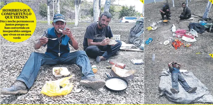  ?? FOTOS: AGUSTÍN LAGOS N. ?? 1. Don José Reyes Ventura y Jimmy Morales disfrutan el suculento almuerzo que ellos mismos prepararon. 2. En el área verde tienen un improvisad­o fogón y en maletas guardan los ingredient­es, al igual que los trastos de cocina. 3. Una pequeña colchoneta...