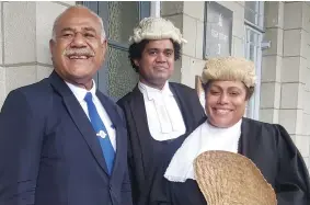  ?? Photo: Ashna Kumar ?? Former SODELPA Member of Parliament Simione Rasova with his lawyers Barbara Malimali and Pita Suguturaga outside the High Court in Suva on November 14, 2022.