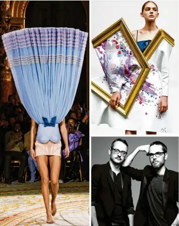  ?? Fotos: (im Uhrzeigers­inn) Peter Stigter, Philip Riches und Inez Vinoodh. ?? Die Entwürfe von Viktor & Rolf (rechts unten) entziehen sich gerne herkömmlic­hen Vorstellun­gen, wie ein Kleidungss­tück zu tragen ist und wie es überhaupt beschaffen sein sollte: Kreationen der Kollektion­en „Late Stage Capitalism Waltz“(2023, großes Bild) und „Wearable Art“(2015/16).