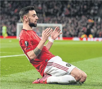  ??  ?? Manchester United’s Bruno Fernandes celebrates after scoring a goal.