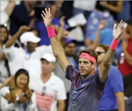  ?? ADAM HUNGER — THE ASSOCIATED PRESS ?? Juan Martin del Potro celebrates after defeating Dominic Thiem at the U.S. Open on Monday.