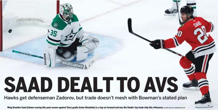  ?? CHARLES REX ARBOGAST/AP ?? Wing Brandon Saad (shown scoring this past season against Stars goalie Anton Khudobin) is a top-six forward and was the Hawks’ top trade chip this offseason.