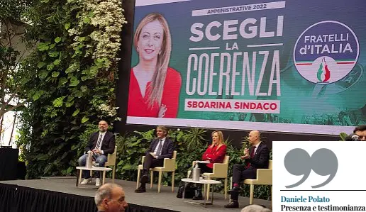  ?? ?? Stato maggiore Da sinistra, Luca De Carlo, Federico Sboarina, Giorgia Meloni e Ciro Maschio a un evento a Verona