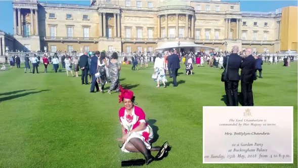  ?? Photo: Betty Chandra ?? Betty Chandra sitting on the Buckingham Palace lawn. Inset is a copy of her invitation card.