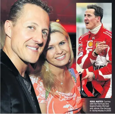  ??  ?? SOUL MATES Corrina with her Formula One legend hubby Michael and, above, the German in racing heyday in 2005