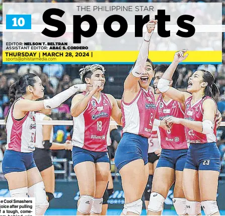  ?? ?? The Cool Smashers rejoice after pulling off a tough, comefrom-behind win over the HD Spikers last Tuesday.