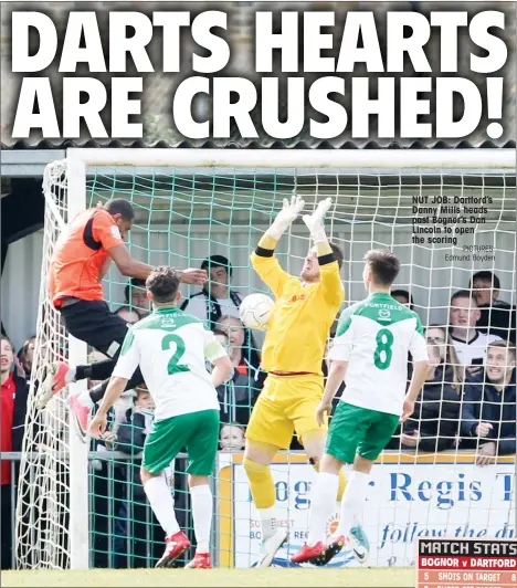  ?? PICTURES: Edmund Boyden ?? NUT JOB: Dartford’s Danny Mills heads past Bognor’s Dan Lincoln to open the scoring