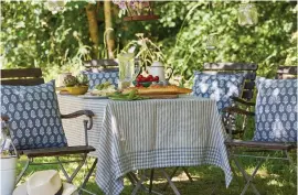  ?? ?? Navy Acorn Cushion, £45. Toulouse Navy Tablecloth Dining, £85