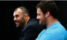  ?? Photograph: Hannah Peters/Getty ?? Michael Cheika (left) and Julian Montoya speak to the media following Argentina’s historic Rugby Championsh­ip win against New Zealand in August.