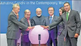  ??  ?? Prime Minister Narendra Modi, along with other world leaders, at a special event commemorat­ing the 150th birth anniversar­y of Mahatma Gandhi in New York on Tuesday. PTI