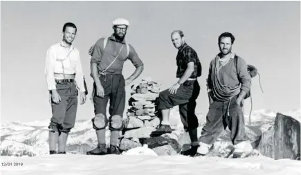  ??  ?? Right: Tom Frost, Royal Robbins, Chuck Pratt and Yvon Chouinard on the summit of El Capitan on Oct. 30, 1964, following the 10 day ascent of the North America Wall, Yosemite National Park, Calif.