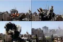  ??  ?? A series of pictures shows the Al-Jalaa Tower being hit by an Israeli airstrike and collapsing