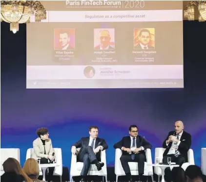  ??  ?? MFSA Chairman Joseph Cuschieri addressing one of the panel discussion­s during the recently held Paris FinTech Forum.