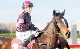  ??  ?? Locally Sauced and northern apprentice Jasmine Fawcett return to the winner’s stall at Timaru last Friday.