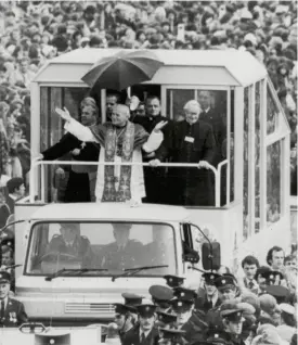  ??  ?? Travelling in style: Pope John Paul II in the Cork-made Popemobile