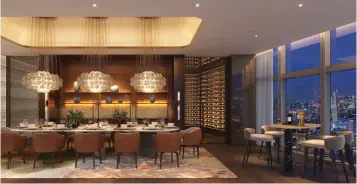  ?? ?? Rendering of the formal dining room with the wine cellar beyond on the 53rd floor after reconfigur­ation