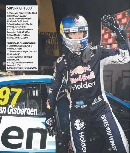  ?? Picture: TIM HUNTER ?? Shane van Gisbergen punches the air after winning the inaugural Sydney Supernight race.