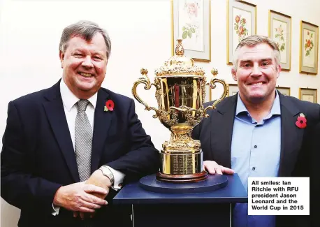  ??  ?? All smiles: Ian Ritchie with RFU president Jason Leonard and the World Cup in 2015