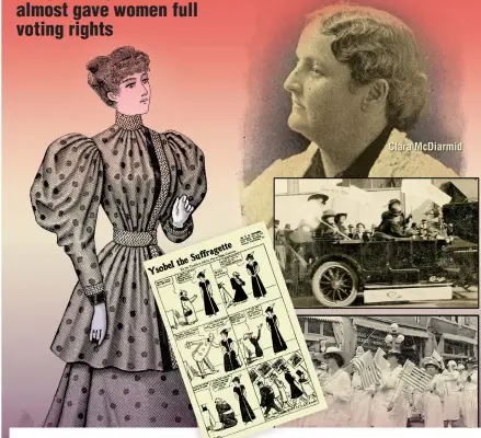  ?? Arkansas Gazette. Arkansas Democrat-Gazette/KIRK MONTGOMERY ?? (Top) Clara McDiarmid, 1880s suffrage organizer; (middle) suffragist­s pass the 200 block of Main Street in Little Rock, c. 1912, courtesy UA Little Rock Center for Arkansas History and Culture; (bottom) Women marching in white, courtesy Butler Center for Arkansas Studies; (left) Ysobel the Suffragett­e from the Feb. 4, 1911,