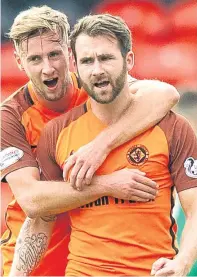  ?? Pictures: SNS Group. ?? James Keatings, left, fires home from a freekick to equalise for United and celebrates with team-mate Billy King, above; Scott Fraser challenges Dumbarton’s Sam Wardrop for the ball, below.
