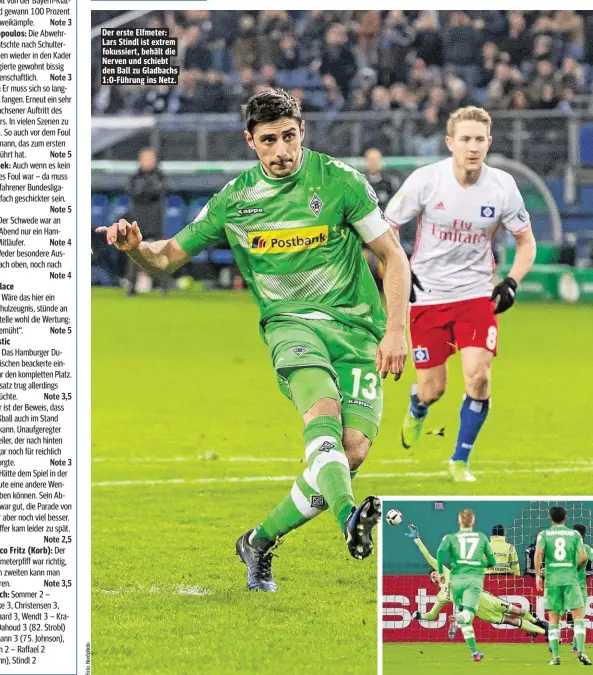  ??  ?? Der erste Elfmeter: Lars Stindl ist extrem fokussiert, behält die Nerven und schiebt den Ball zu Gladbachs 1:0-Führung ins Netz.