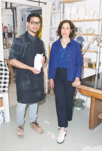  ??  ?? Holding the outer vessel from their domestic WATER kefir-making kit, Ceramicist Christophe­r Riggio And Agua de MADRE founder nicola HART in Riggio’s london studio