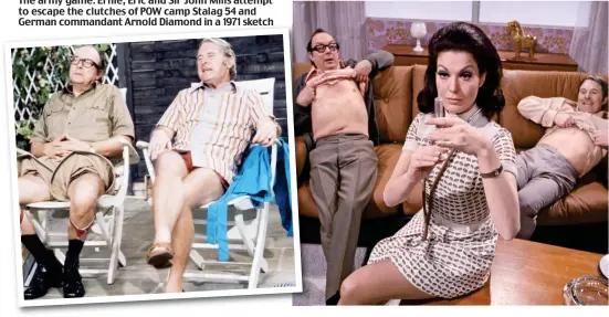  ??  ?? Short and sweet: Eric with huge shorts and shiny shoes, and mockery for Ernie’s ‘short, fat, hairy legs’ Innocent glee: Eric and Ernie pull up their shirts for comely nurse Ann Hamilton in their 1970 New Year’s Day show