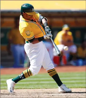  ?? NHAT V. MEYER/TRIBUNE NEWS SERVICE ?? The Athletics' Khris Davis, seen here hitting a three-run home run against the Boston Red Sox on April 22 in Oakland, helped the A's score 10 runs against the Blue Jays on Monday.