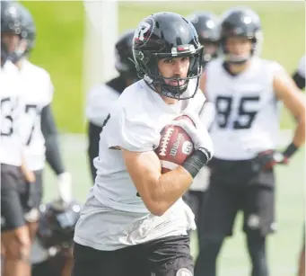  ??  ?? Brad Sinopoli runs a play as the 3-9 Ottawa Redblacks practise at TD Place in advance of their home game tonight against the 2-10 B.C. Lions.